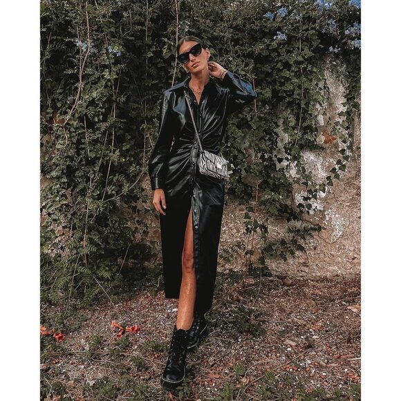 NWOT Zara black faux leather gathered waist button-up collared shirt dress, S - Picture 6 of 12